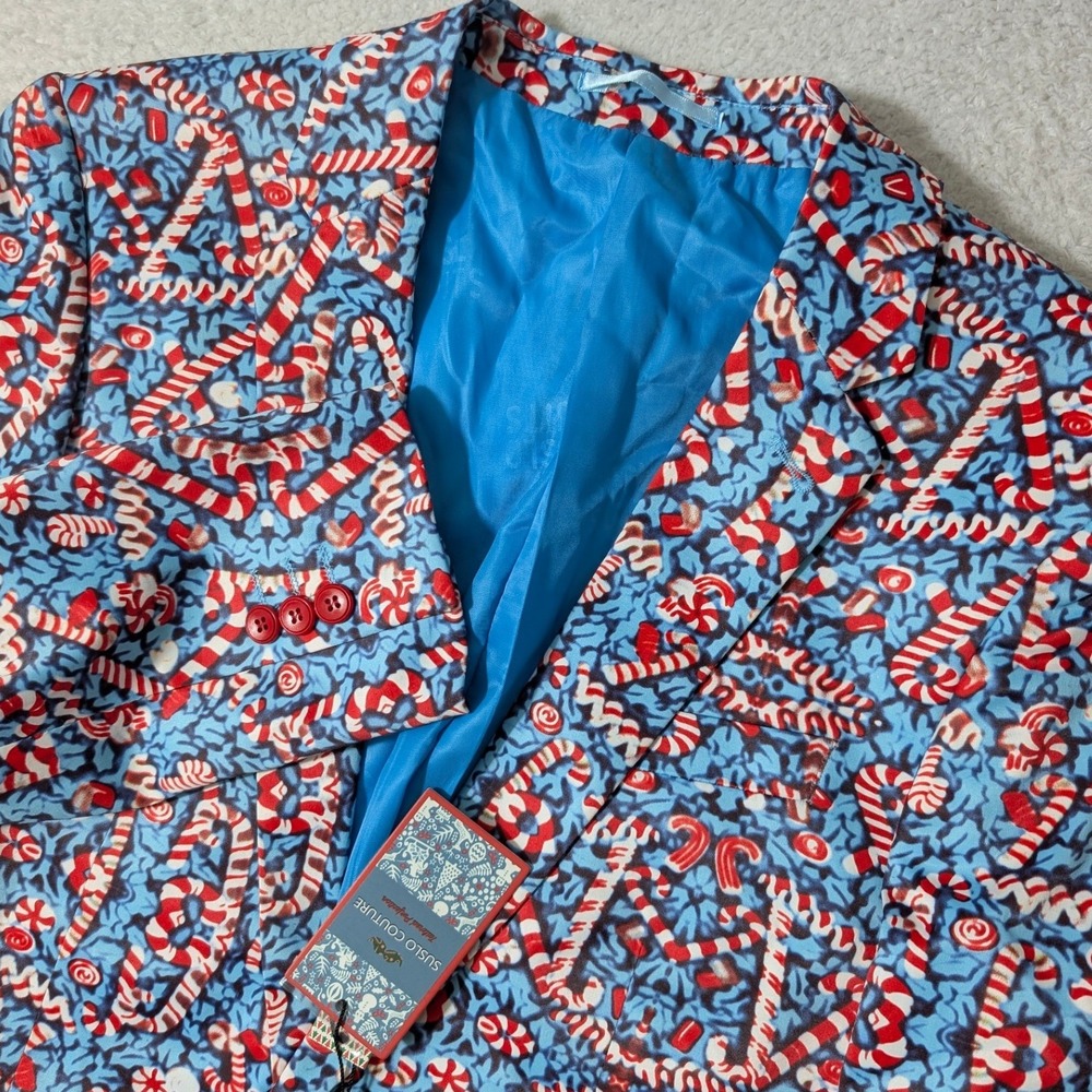 NEW! Suslo Couture Blazer Mens Med Blue Candy Cane Christmas Holiday CJ901-5 NWT